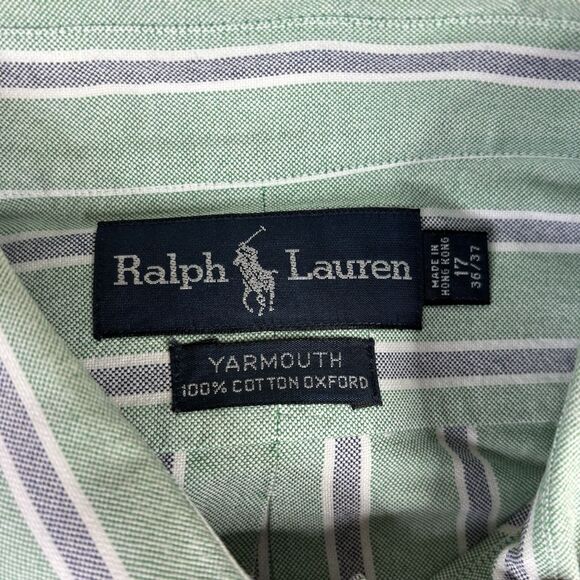 Vintage Ralph Lauren Shirt 17 Xl Green Yarmouth Striped Button‎ Down Flesh Pony - Picture 5 of 11